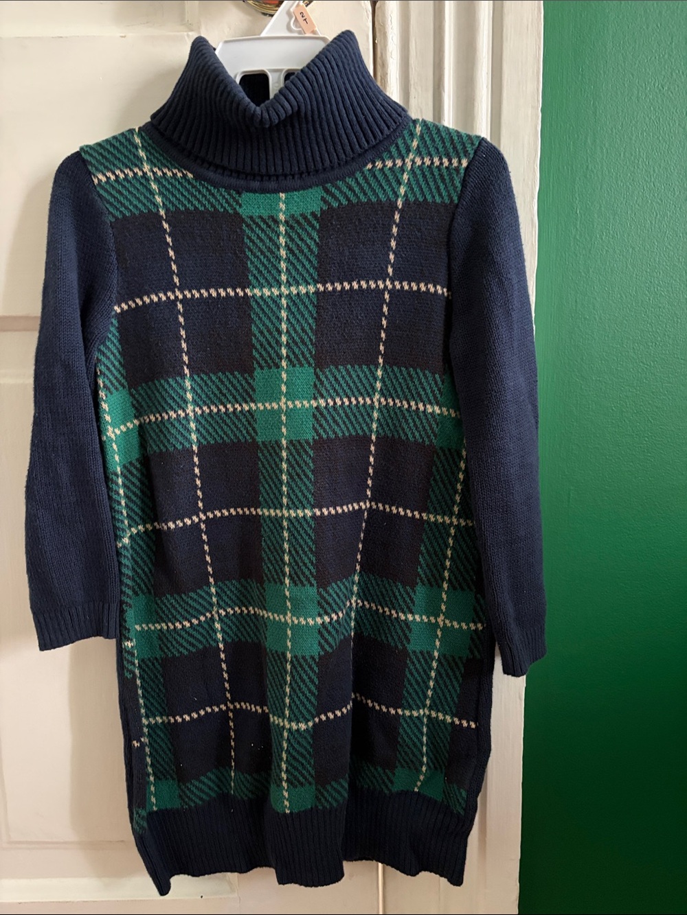 Hope and Henry plaid Turtleneck Sweater Dress in Navy and Green, 3T NWT